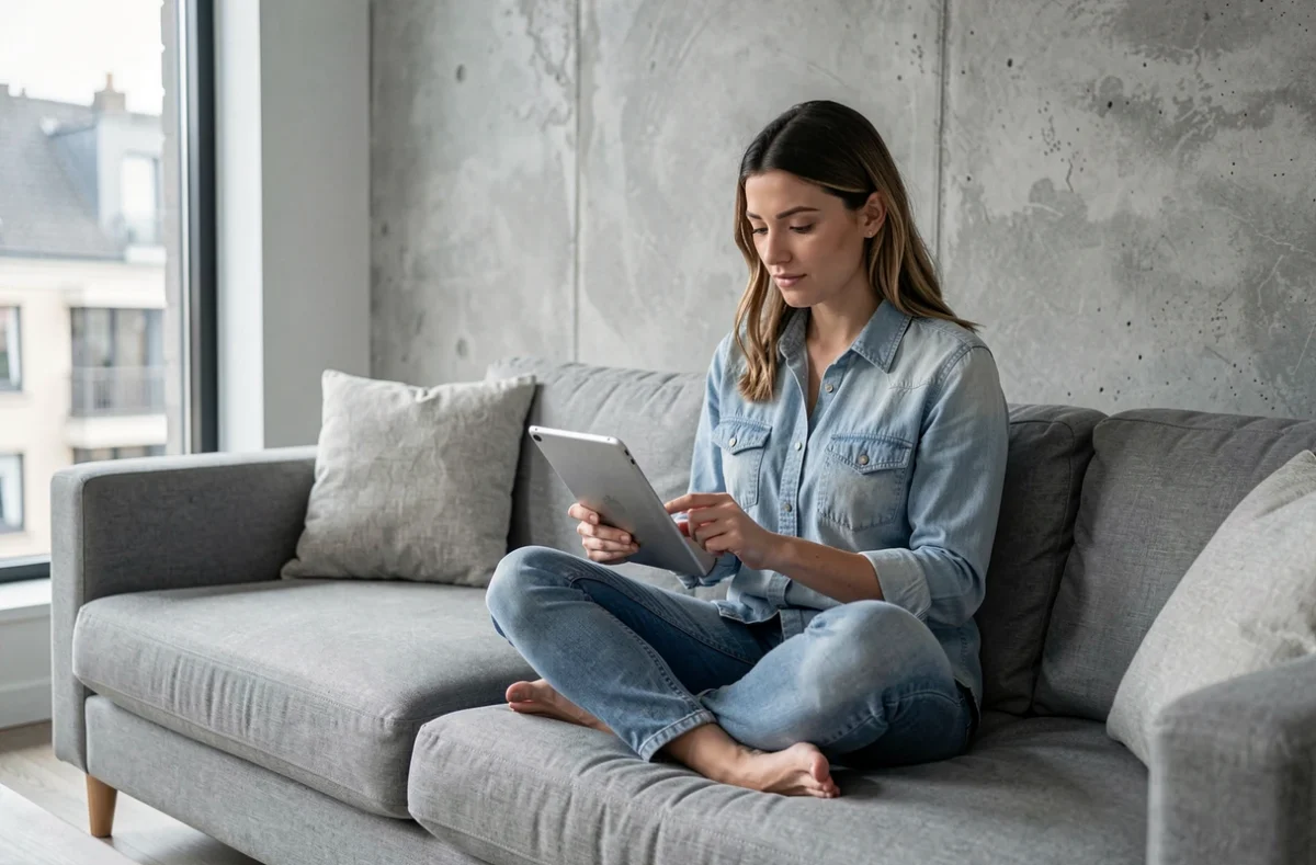 Femme consultant des astuces pour accéder à des sites internet sur une tablette dans un salon moderne