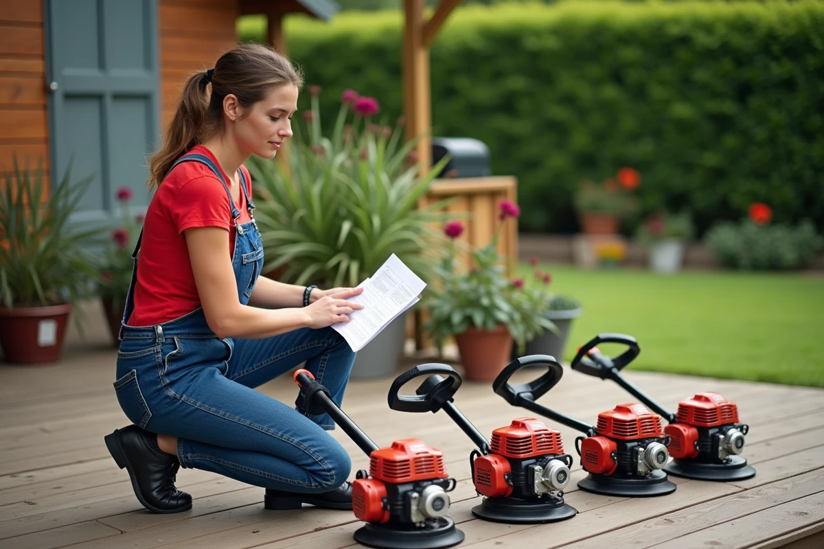 Femme en jardin comparant des tondeuses à gaz sur une terrasse