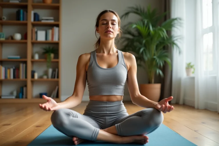 Femme en yoga dans une salle lumineuse et calme
