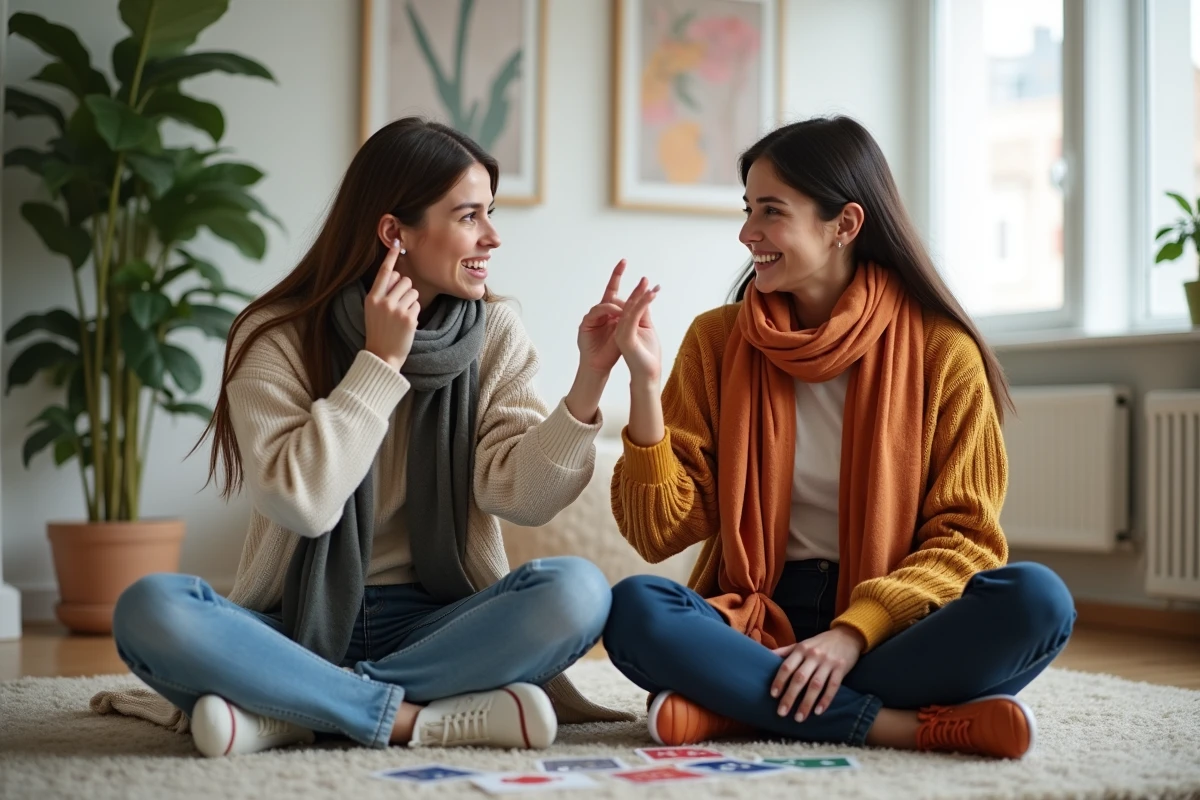 Deux jeunes femmes jouent aux cartes sur un tapis moderne