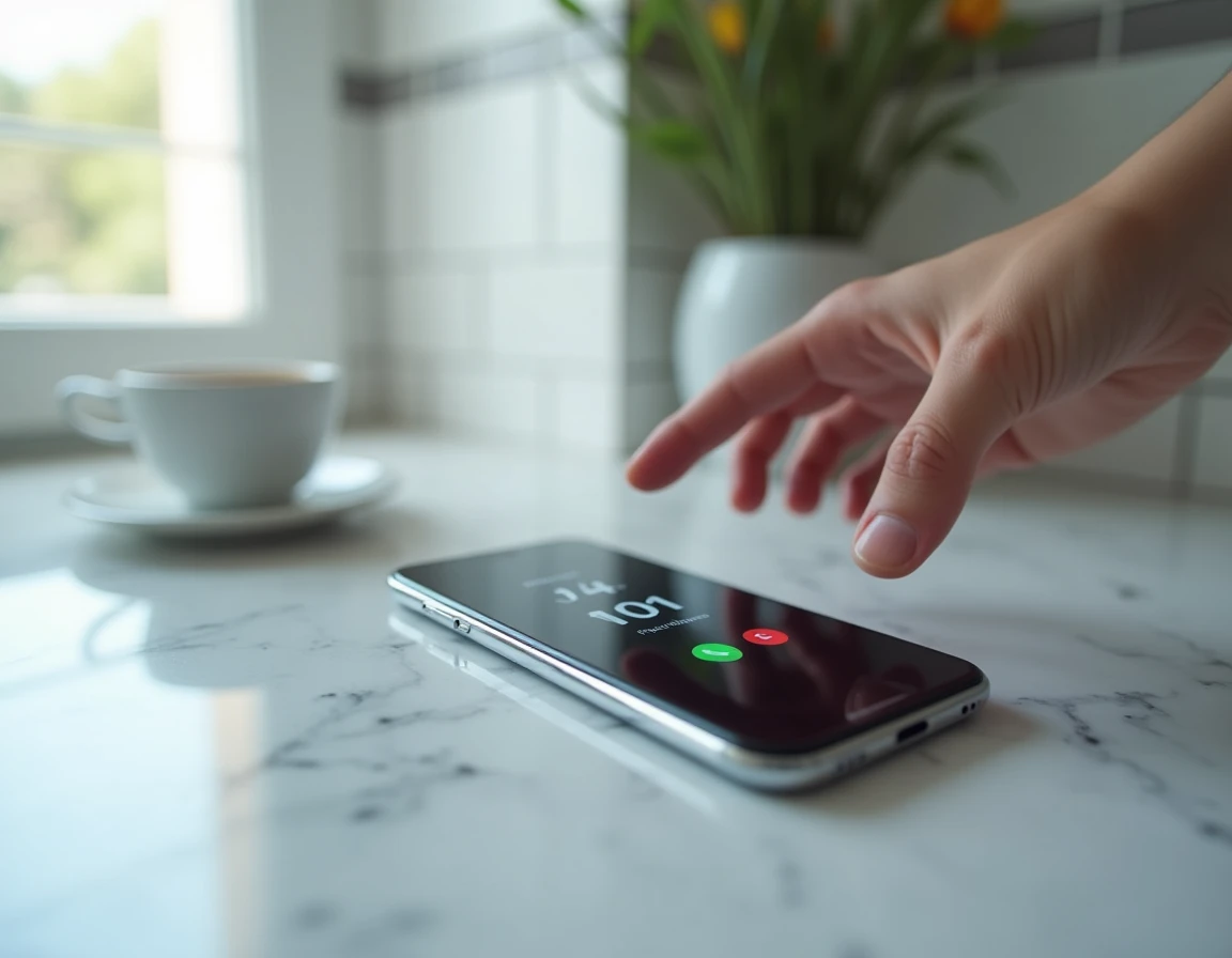 Gros plan sur un smartphone affichant un numéro de téléphone français avec l'indicatif 04 12 sur un comptoir en marbre