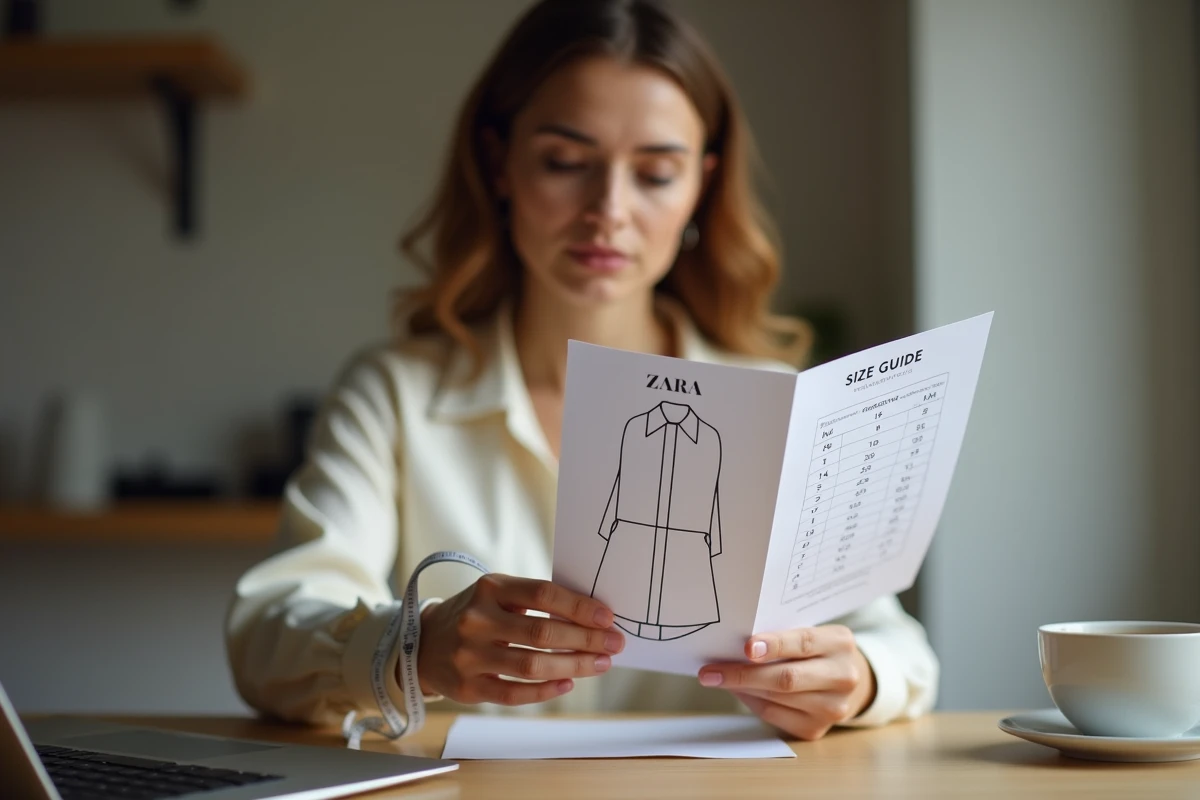 Femme utilisant un guide des tailles Zara et un mètre ruban à son bureau à la maison