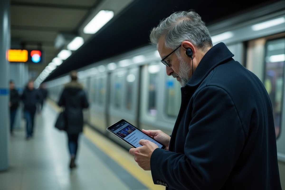 Homme lisant un résumé d'actualités sur tablette dans une station de métro