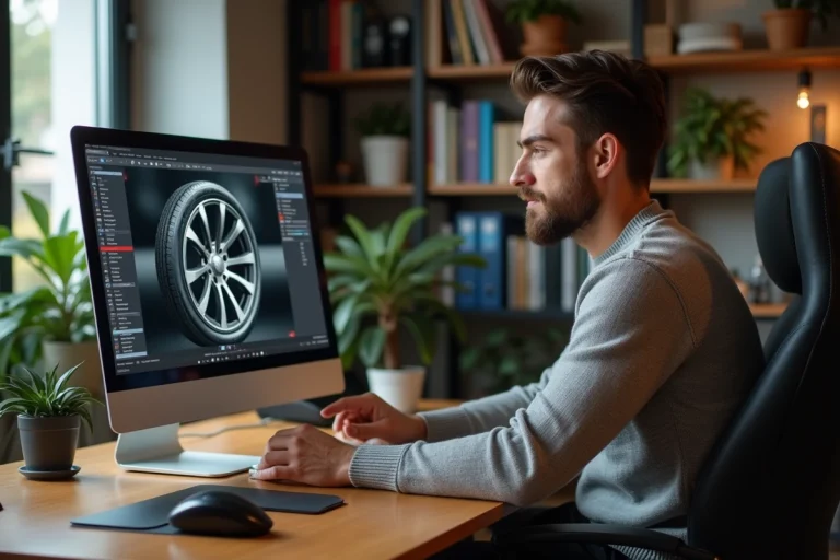 Homme concentré sur un simulateur de pneus en bureau moderne