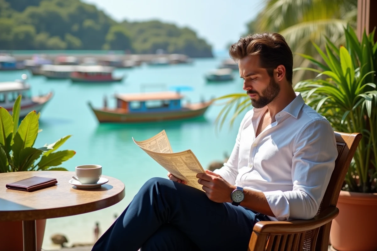 Homme élégant consultant une carte dans un café en bord de mer tropical, voyage avec style