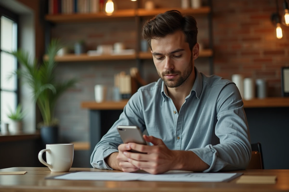 Jeune homme au café regardant son smartphone avec enveloppe