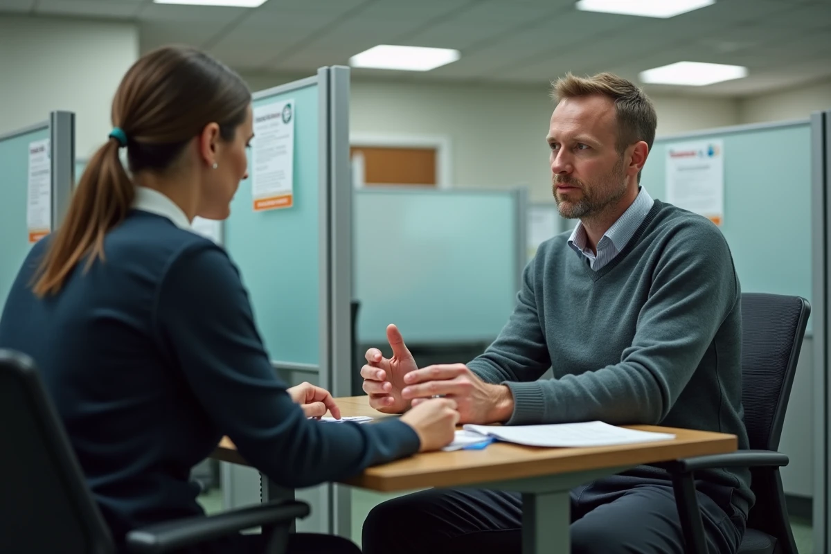 Homme en discussion avec un agent dans une agence CAF