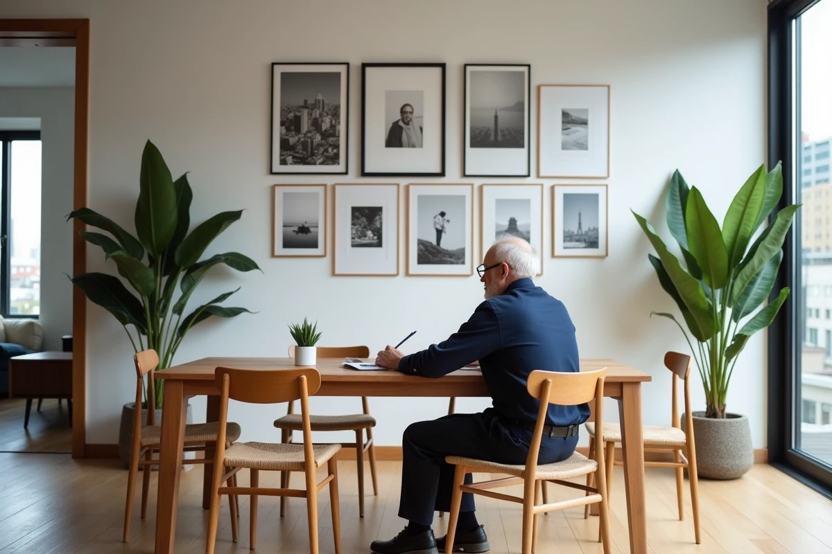 Homme âgé installant une galerie de photos dans une salle à manger