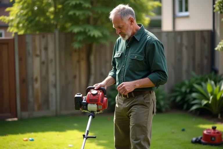 Homme en travail dans le jardin inspectant une tondeuse à gaz