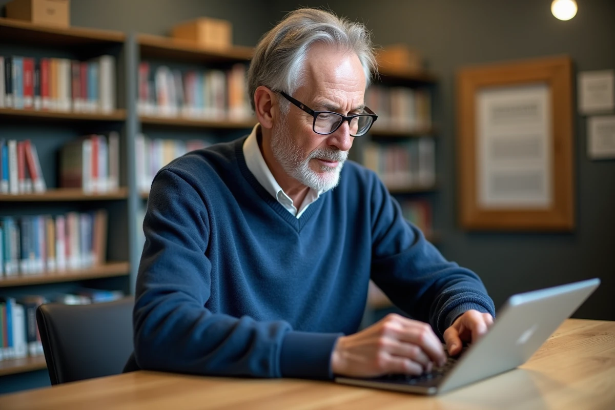 Homme âgé utilisant une tablette à la bibliothèque