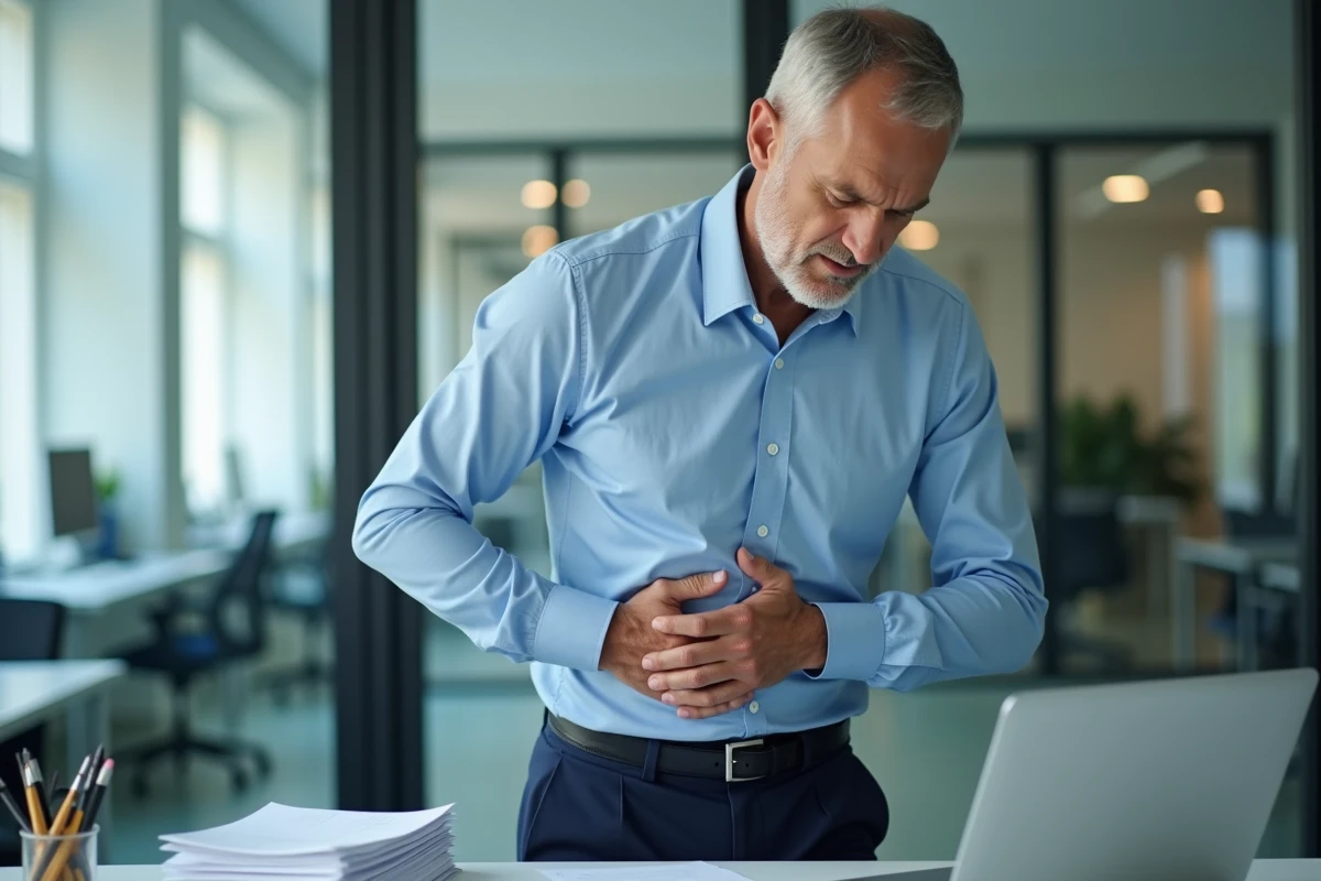 Homme souffrant tenant son abdomen au bureau
