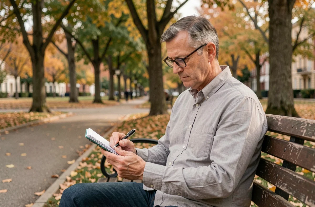 Homme réfléchissant à sa retraite en consultant un carnet d'épargne sur un banc de parc en automne