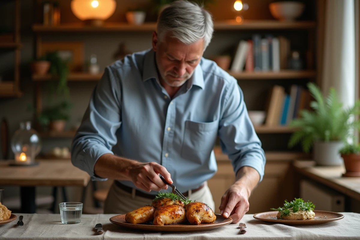 Homme arrangeant du poulet tranché sur une assiette rustique