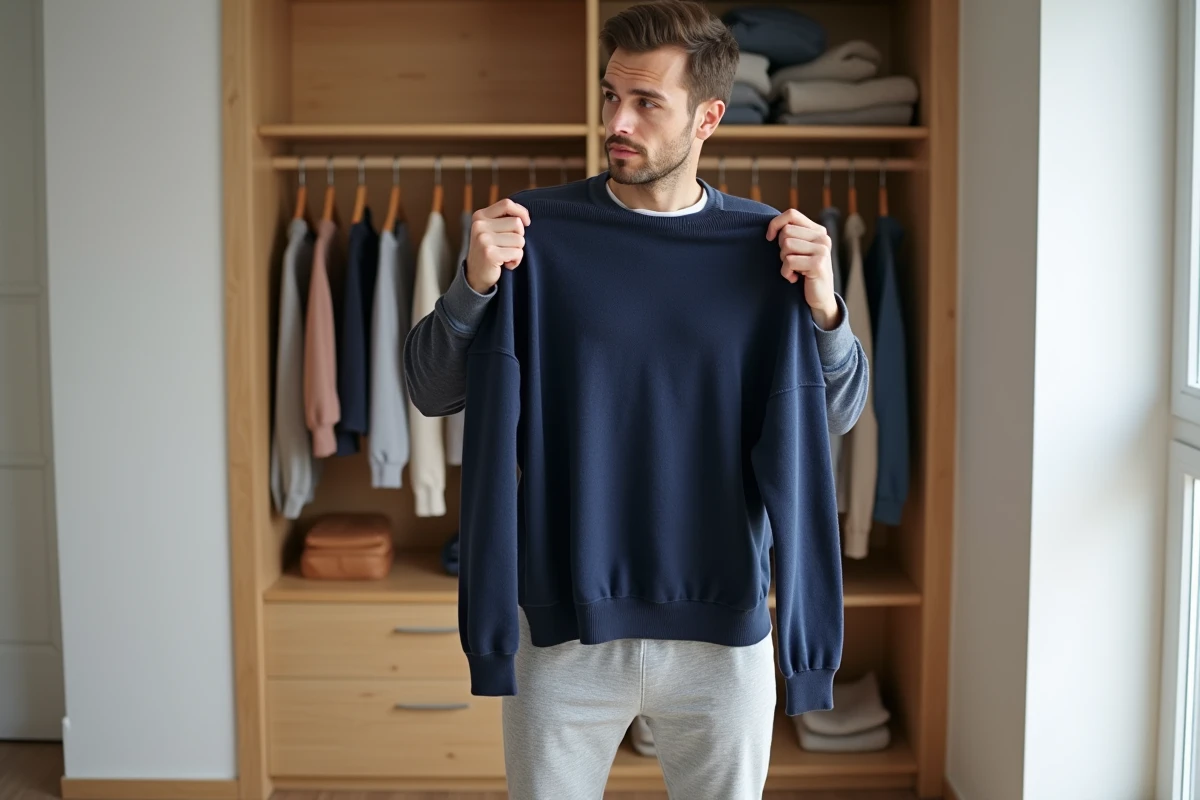 Homme tendance inspectant un pull en laine merino navy dans un appartement minimaliste moderne