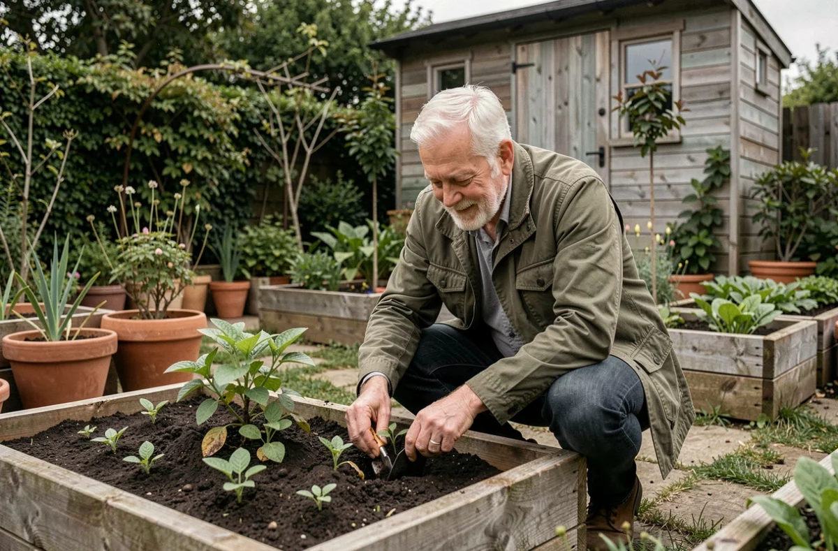 Un homme retraité actif jardineant avec soin dans son potager, entouré de plantes verdoyantes
