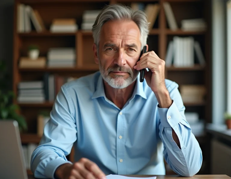 Homme français au téléphone consultant l'indicatif 04 12 depuis son bureau à domicile