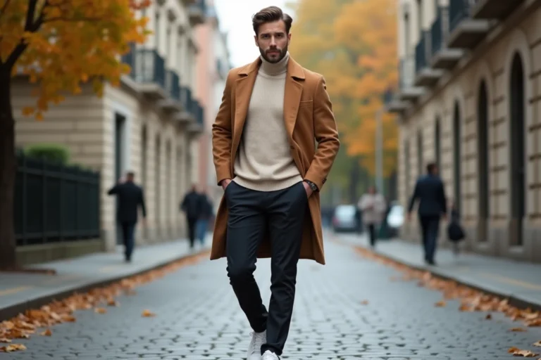 Homme tendance en manteau camel et col roulé crème dans une rue urbaine pavée à l'automne