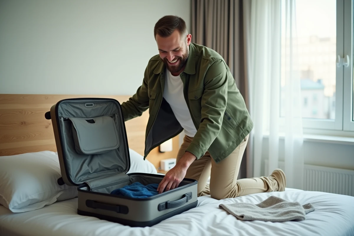 Homme déballant ses vêtements dans une chambre d