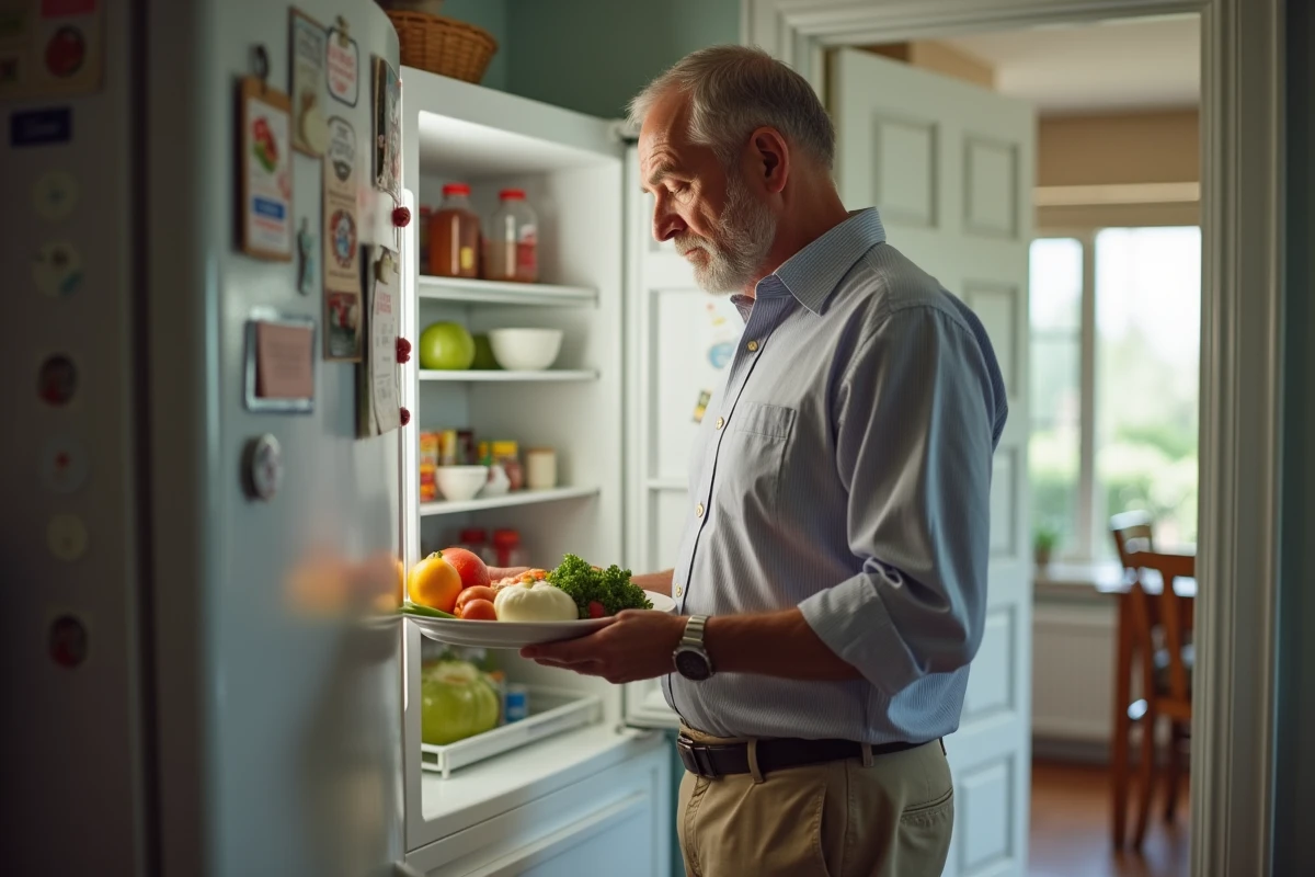 Homme examine des aliments dans le réfrigérateur