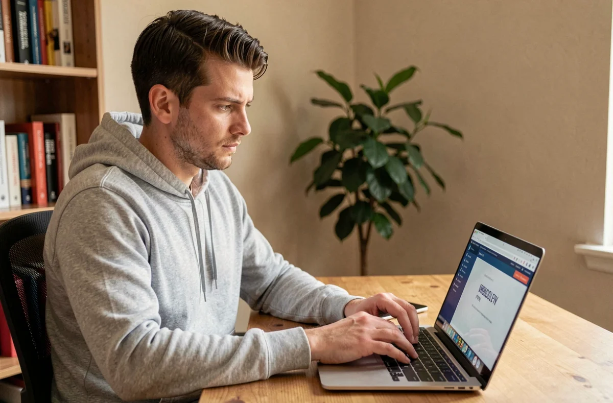 Homme utilisant un VPN sur un ordinateur portable pour accéder à des sites en septembre 2026