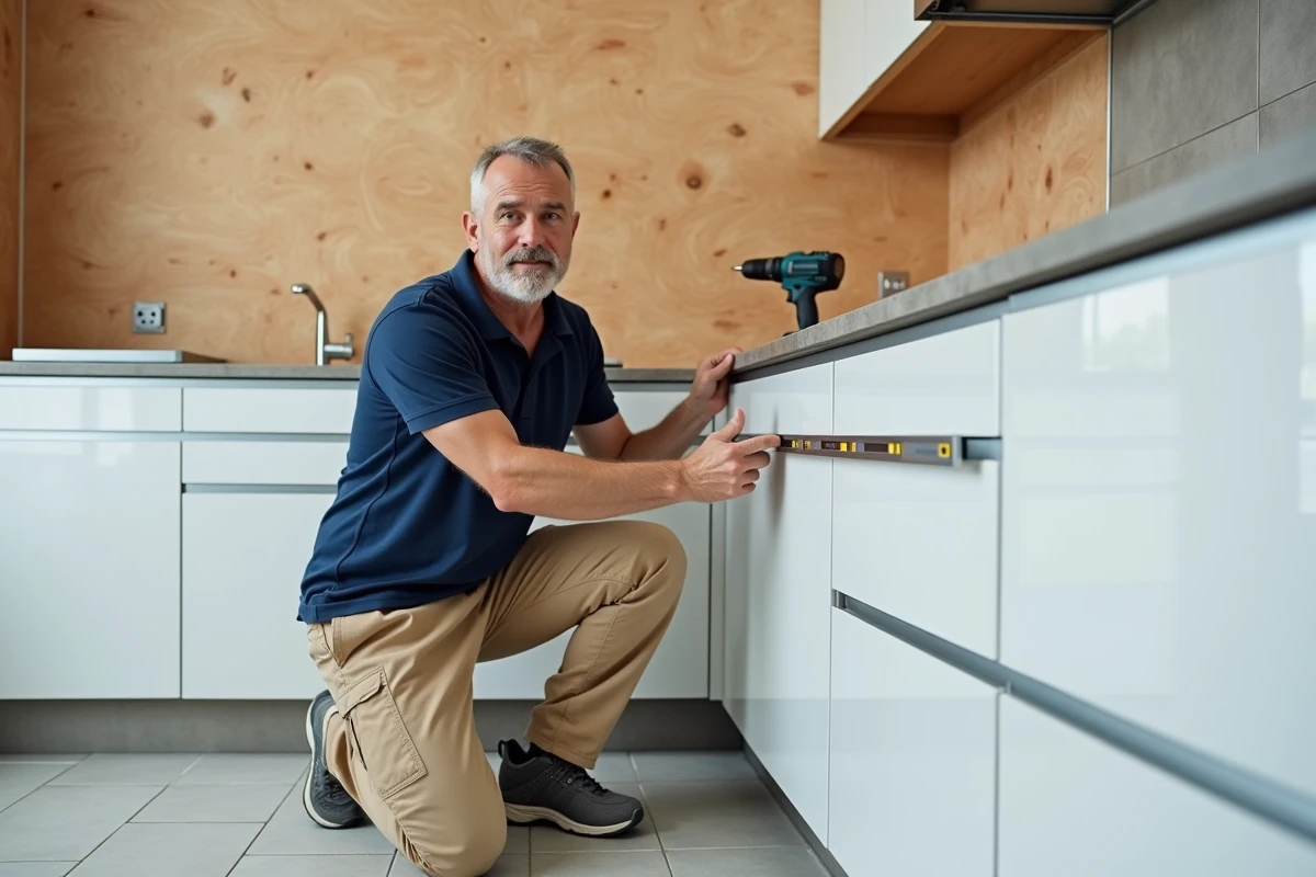 Artisan installant des meubles de cuisine modernes avec un niveau à bulle dans une cuisine en rénovation