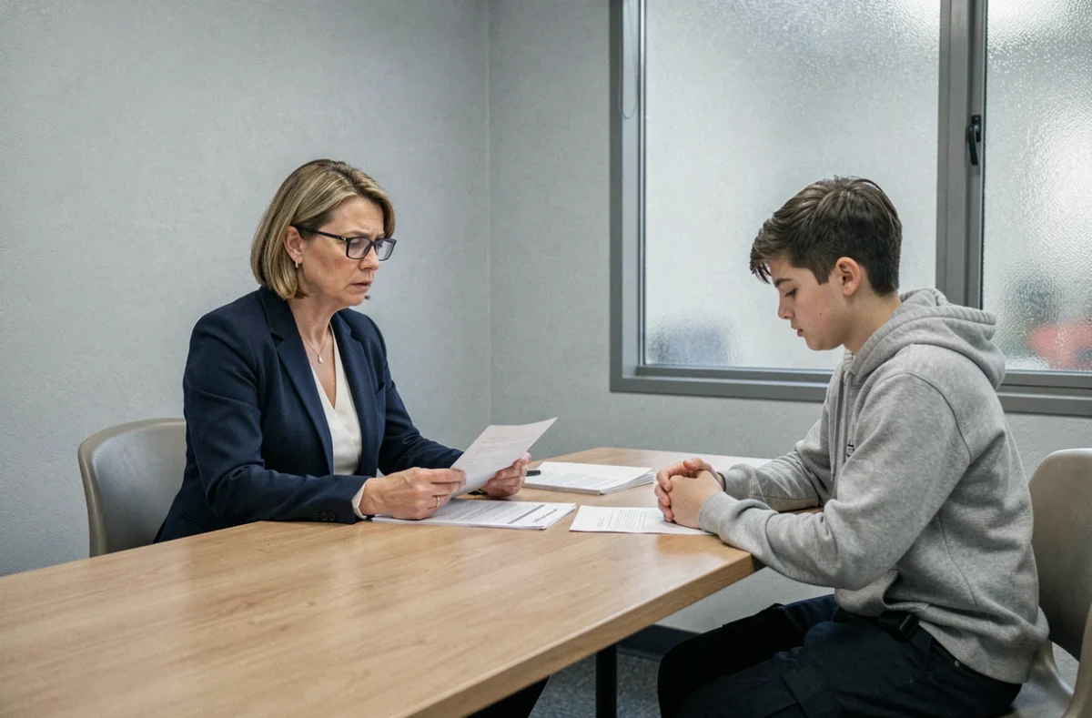 Parent accompagnant son adolescent lors d'un interrogatoire de police dans une salle d'audition institutionnelle