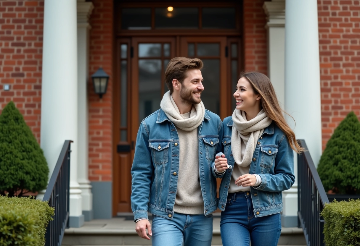 Jeune couple entrant dans un immeuble résidentiel