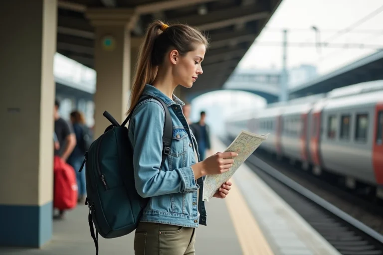 Jeune femme en denim sur une plateforme de train