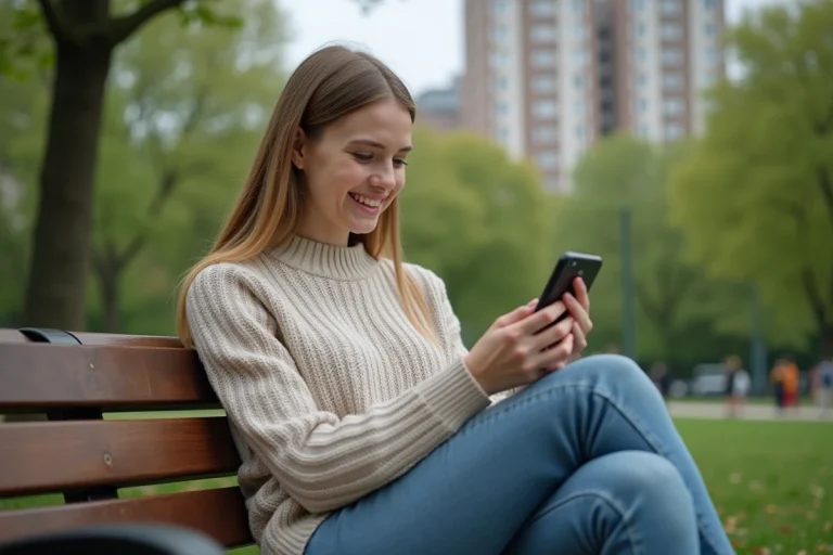Jeune femme souriante regardant son smartphone en plein air