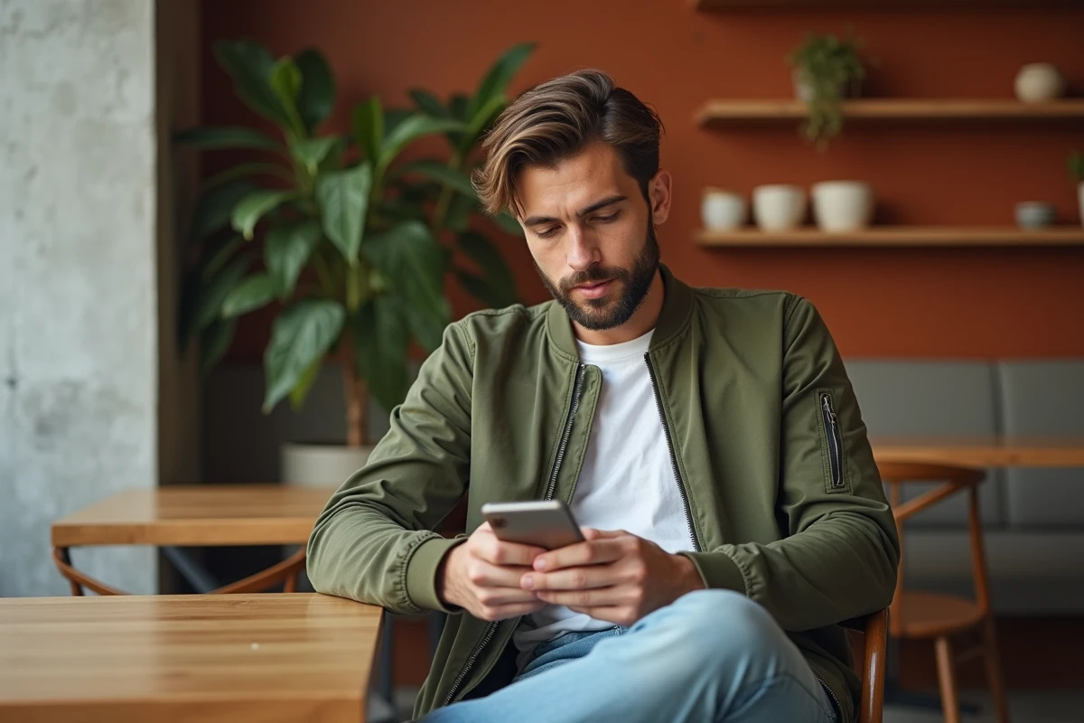 Jeune homme en veste bomber olive assis dans un café moderne tendance