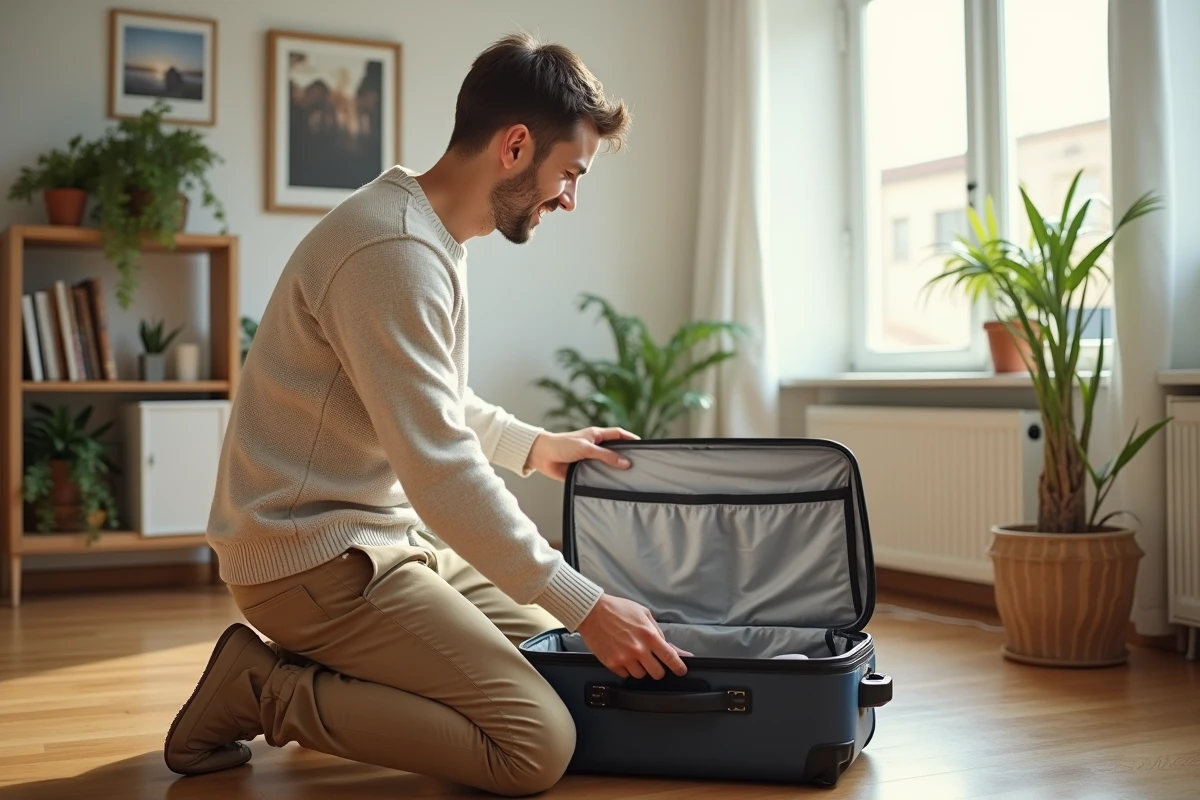 Jeune homme préparant sa valise dans un salon lumineux et cosy