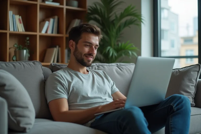 Jeune homme regardant une plateforme de streaming dans un salon moderne