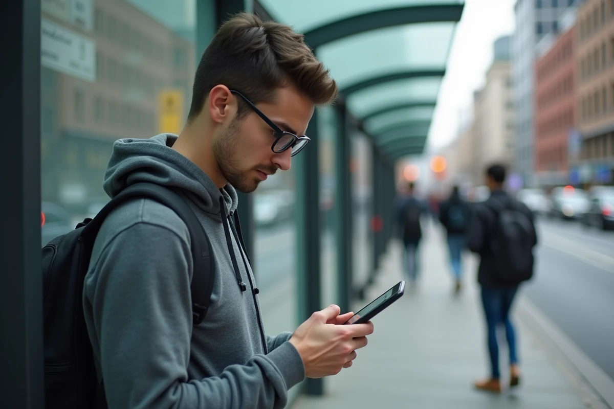 Jeune homme au bus avec son smartphone