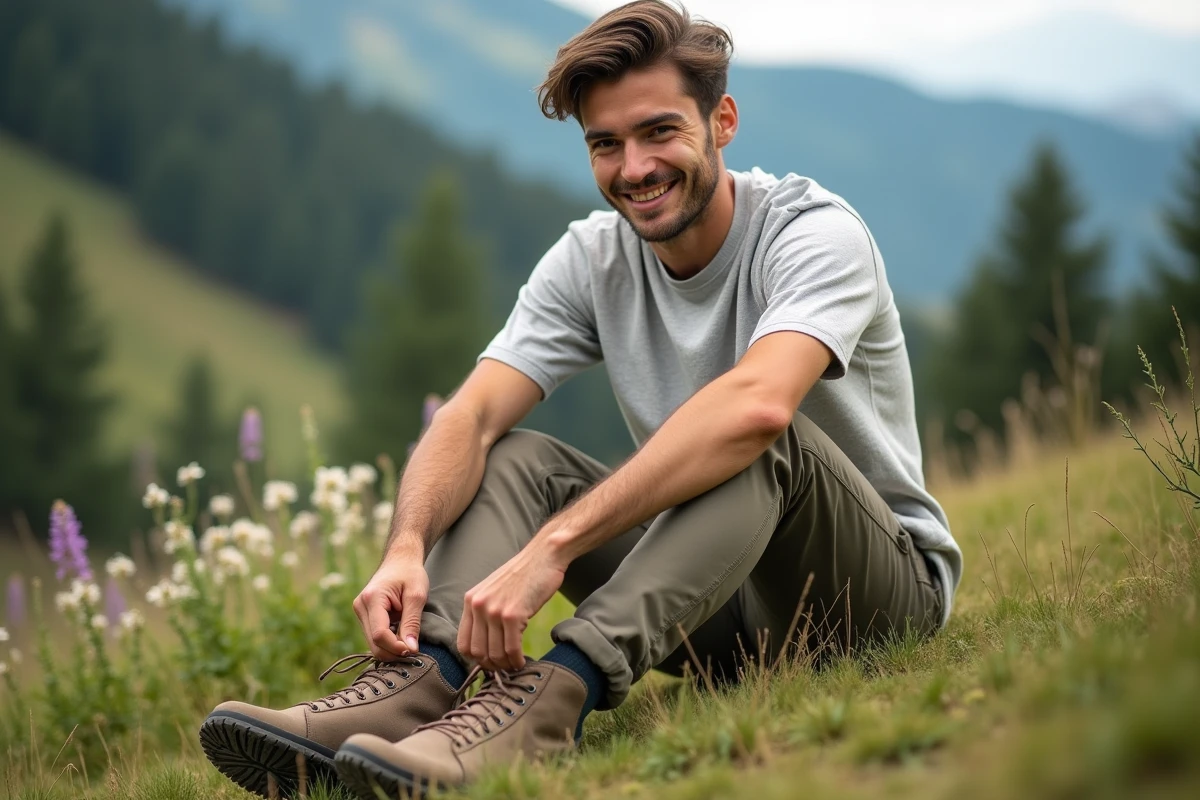 Jeune homme en t-shirt mérino en pleine nature