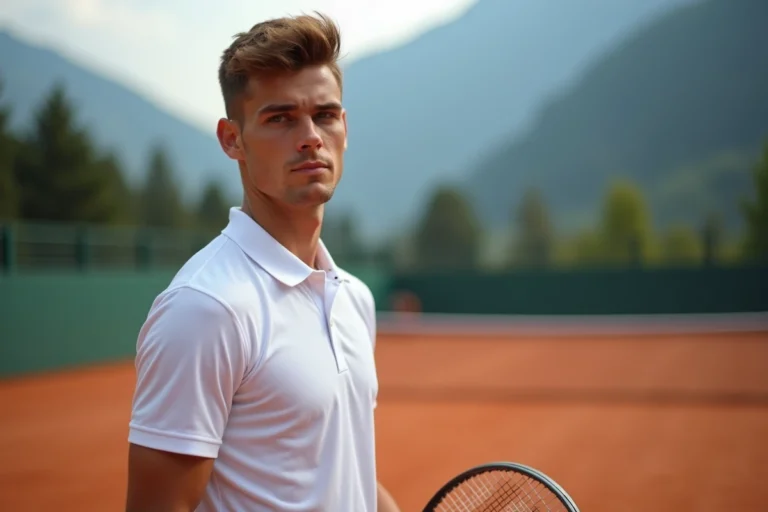 Joueur de tennis professionnel sur un court en terre battue avec paysage alpin du Tyrol du Sud en arrière-plan