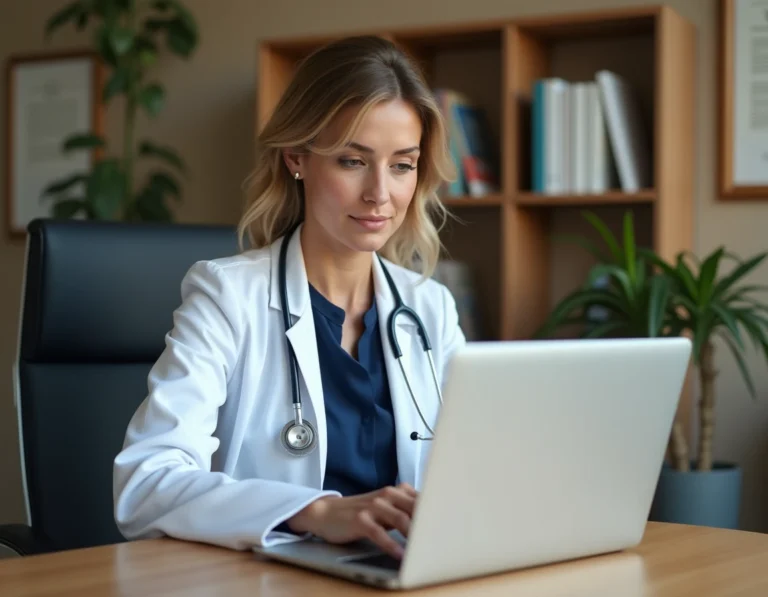 Médecin généraliste utilisant une messagerie sécurisée de santé sur son ordinateur portable dans un cabinet médical