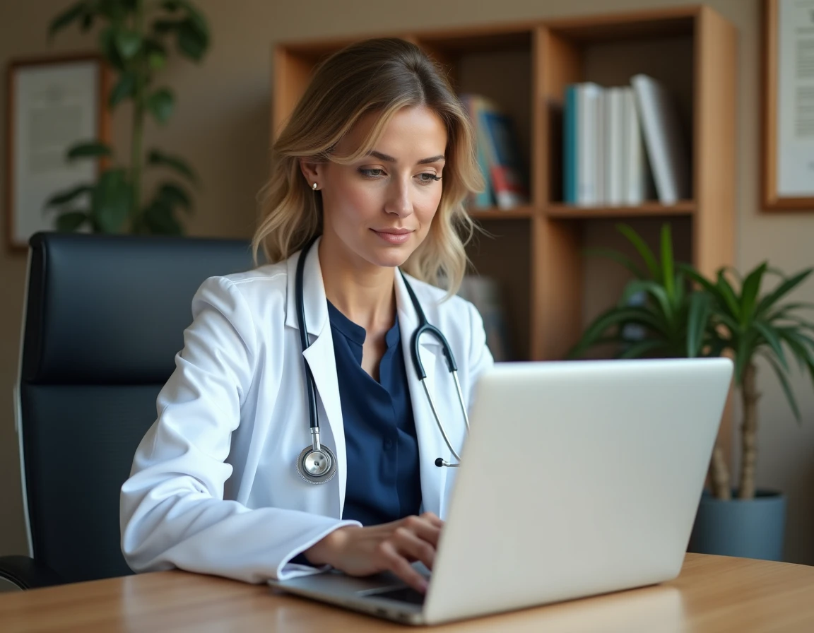 Médecin généraliste utilisant une messagerie sécurisée de santé sur son ordinateur portable dans un cabinet médical