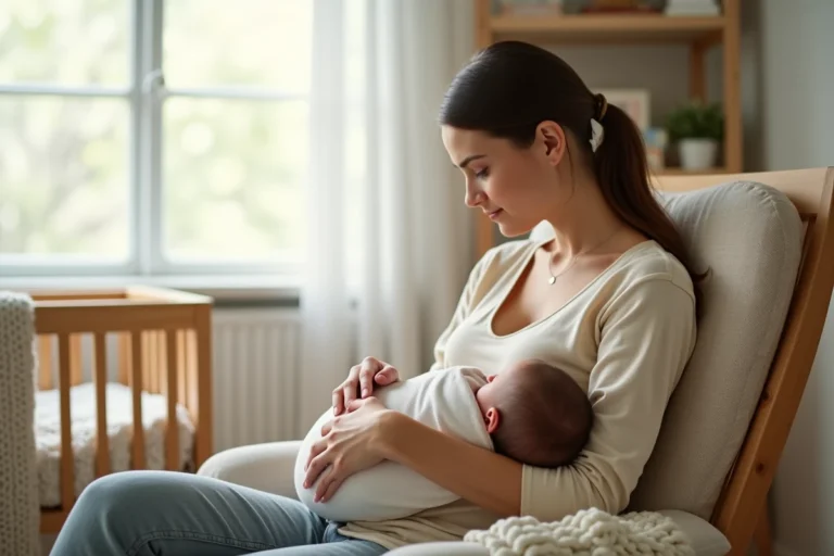 Jeune mère tenant tendrement son nouveau-né dans les bras dans une chambre de bébé cosy et chaleureuse