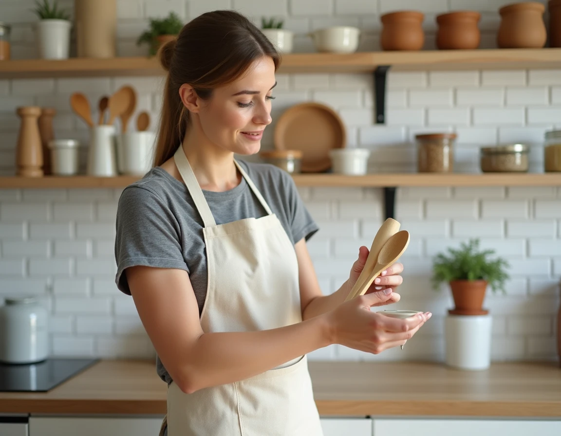 Femme organisant des étagères de cuisine en bois avec des ustensiles et bocaux en céramique dans une cuisine lumineuse au style naturel