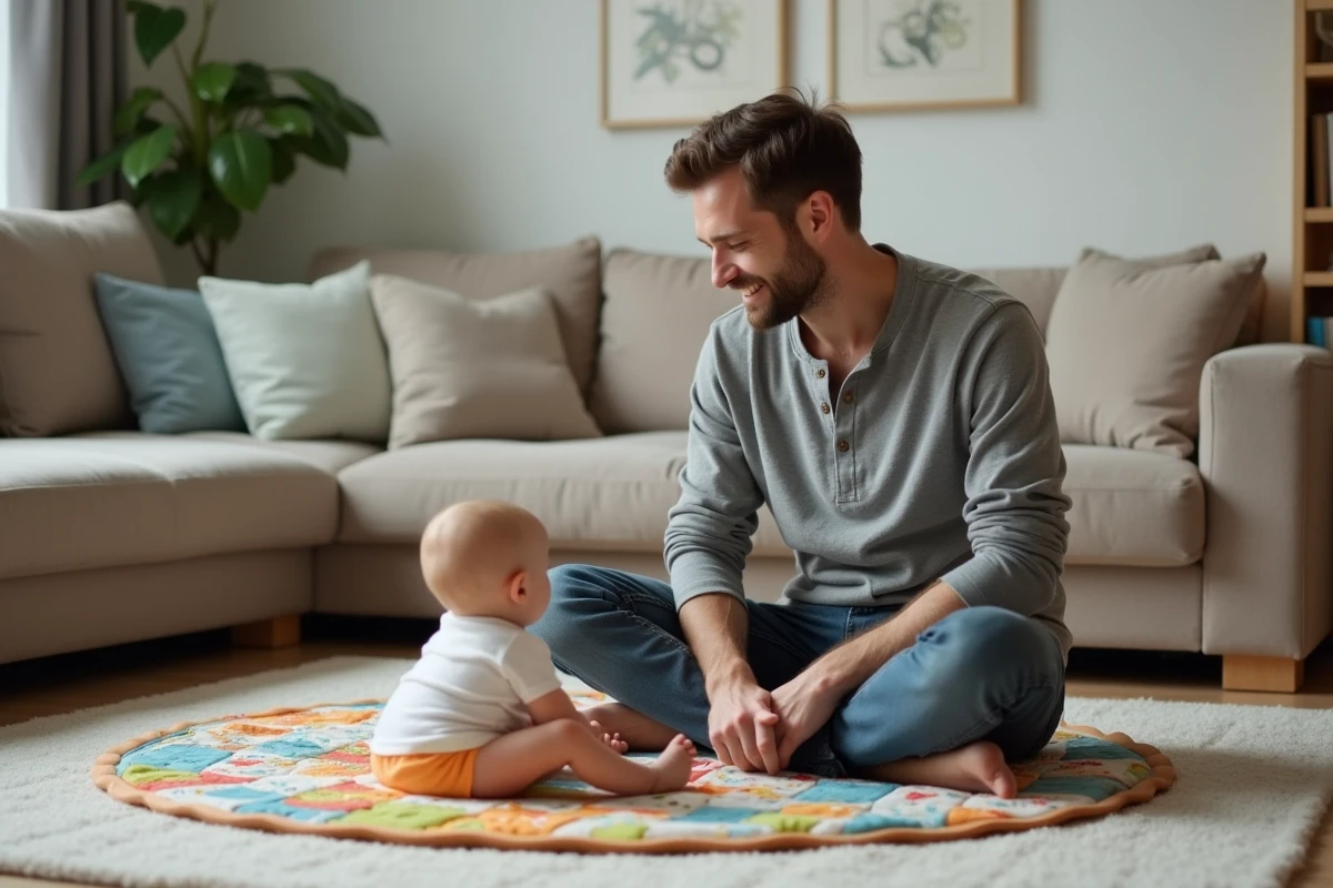 Père jouant avec son bébé allongé sur un tapis d'éveil coloré dans le salon familial