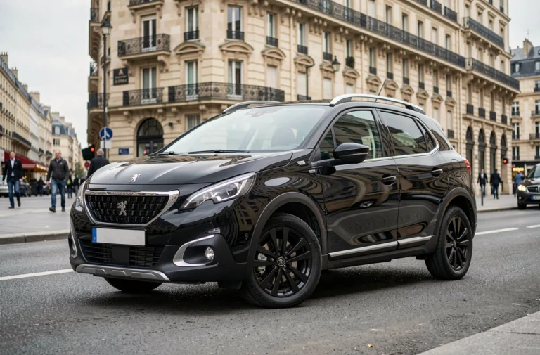 Peugeot 2008 noire garée sur un boulevard parisien, vue trois quarts avant, reflets du ciel sur la carrosserie