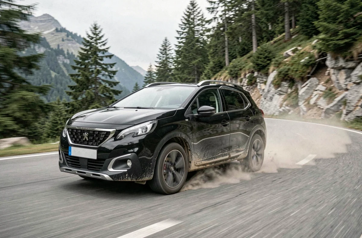 Peugeot 2008 noire en conduite sur une route de montagne alpine, vue latérale dynamique avec flou de mouvement