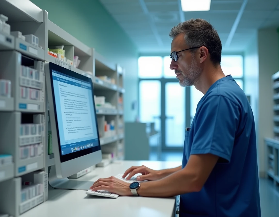 Pharmacien hospitalier consultant sa messagerie sécurisée MSSanté sur un poste informatique en pharmacie