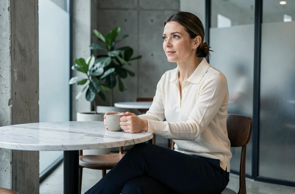 Femme portant un polo manches longues ivoire en laine mérinos dans un café au style scandinave moderne