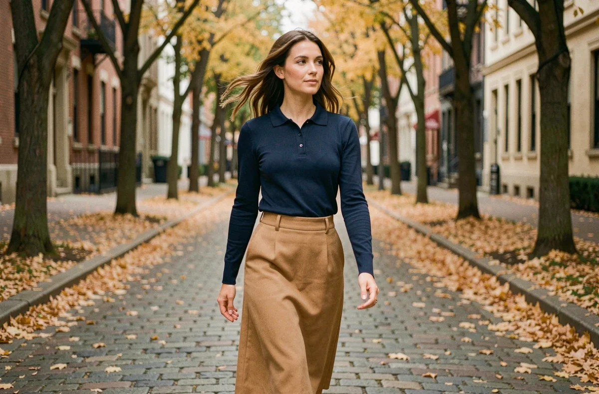 Femme en polo manches longues bleu marine et jupe midi camel marchant dans une rue pavée en automne