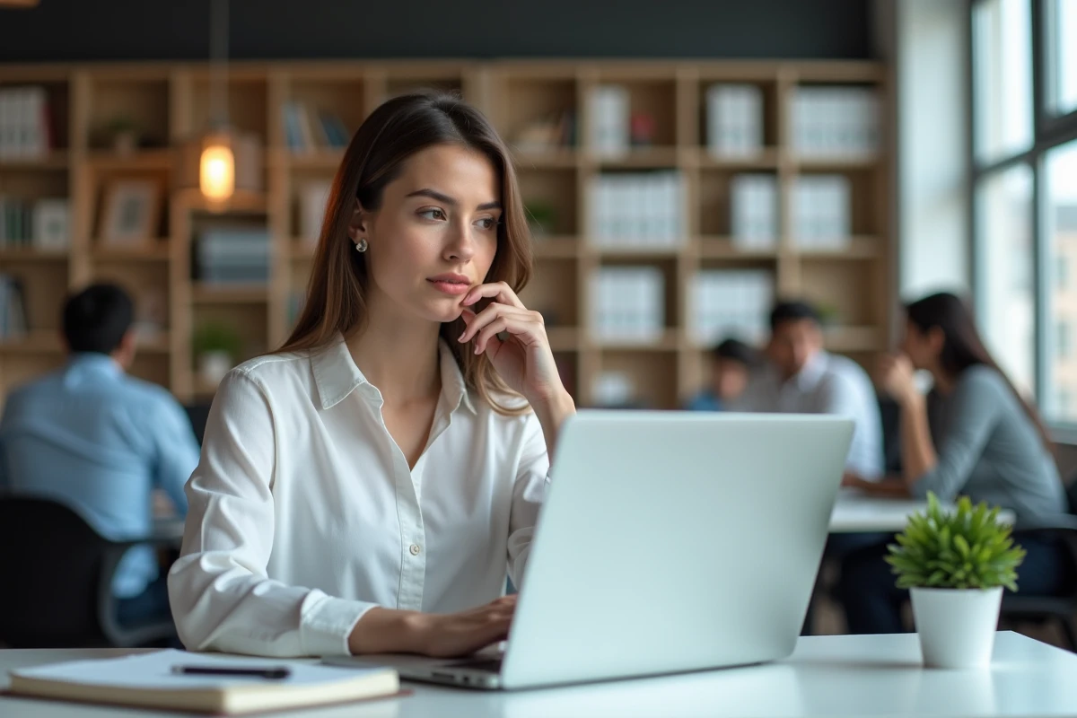 Jeune professionnelle lisant un résumé d'actualités sur ordinateur portable au bureau
