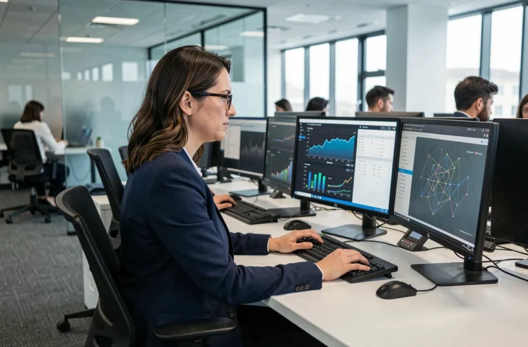 Professionnelle en cybersécurité analysant des tableaux de bord de sécurité réseau sur plusieurs écrans dans un bureau moderne