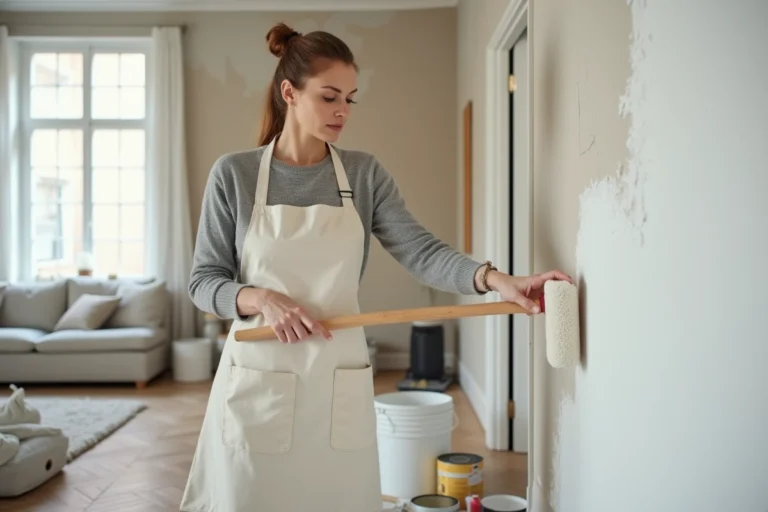 Femme rénovant un mur intérieur avec un rouleau de peinture blanche dans un salon en cours de réaménagement