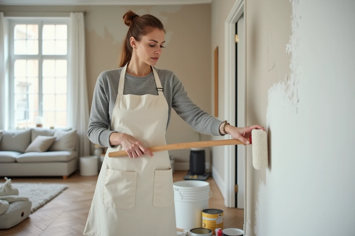 Femme rénovant un mur intérieur avec un rouleau de peinture blanche dans un salon en cours de réaménagement