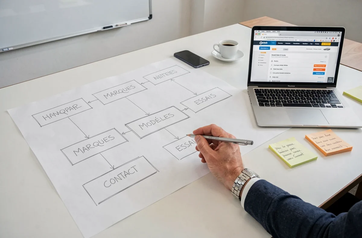 Schéma papier de sitemap pour un site auto posé sur une table de réunion avec annotations manuscrites